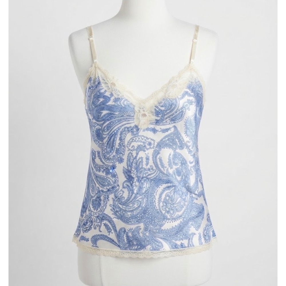 Victoria's Secret Blue White Paisley Satin Lace Trim Camisole Top Large